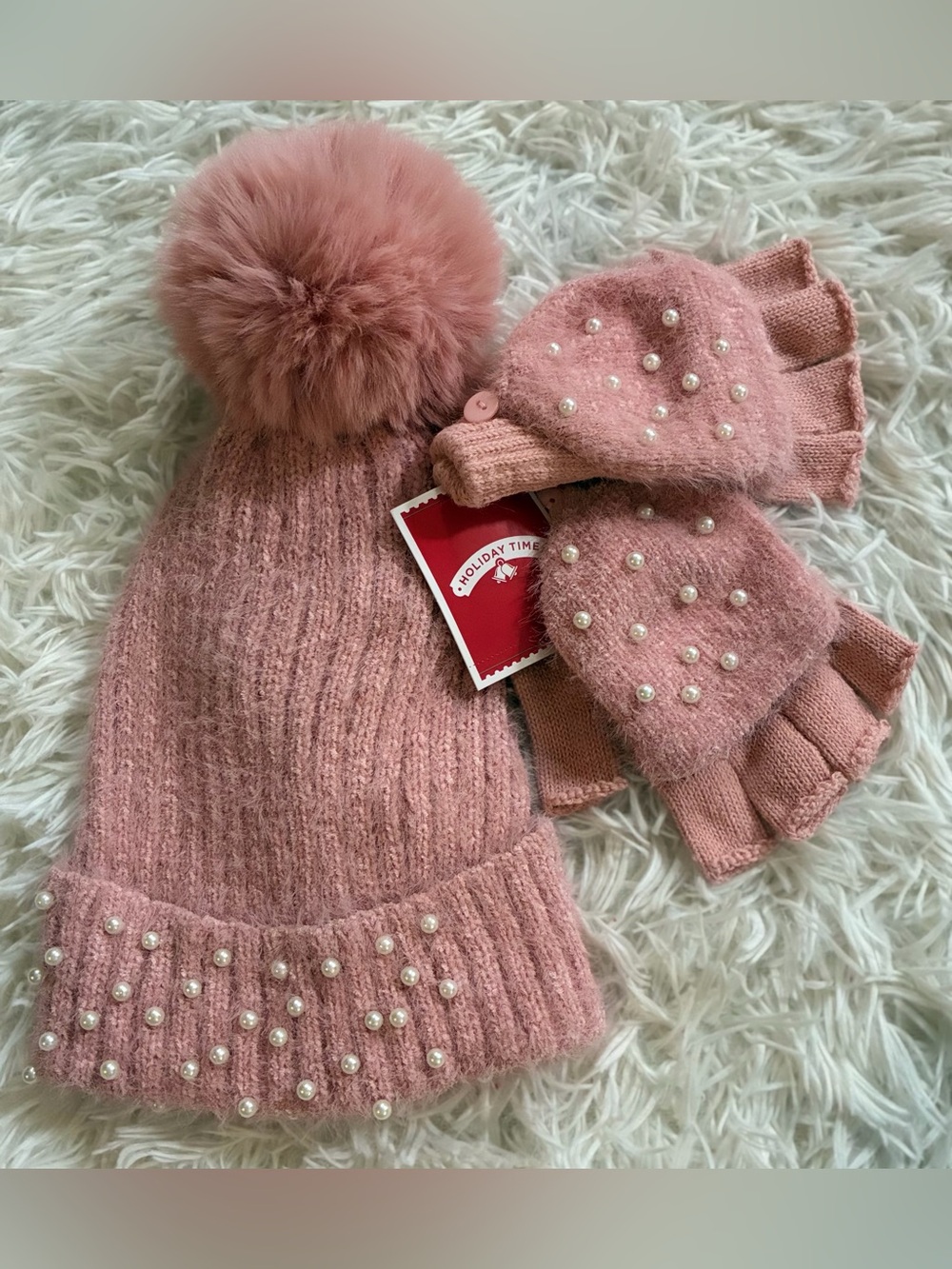 NEW Preppy Pink Pearl Winter Beanie Hat Fingerless Glove Fold Over Mittens Set